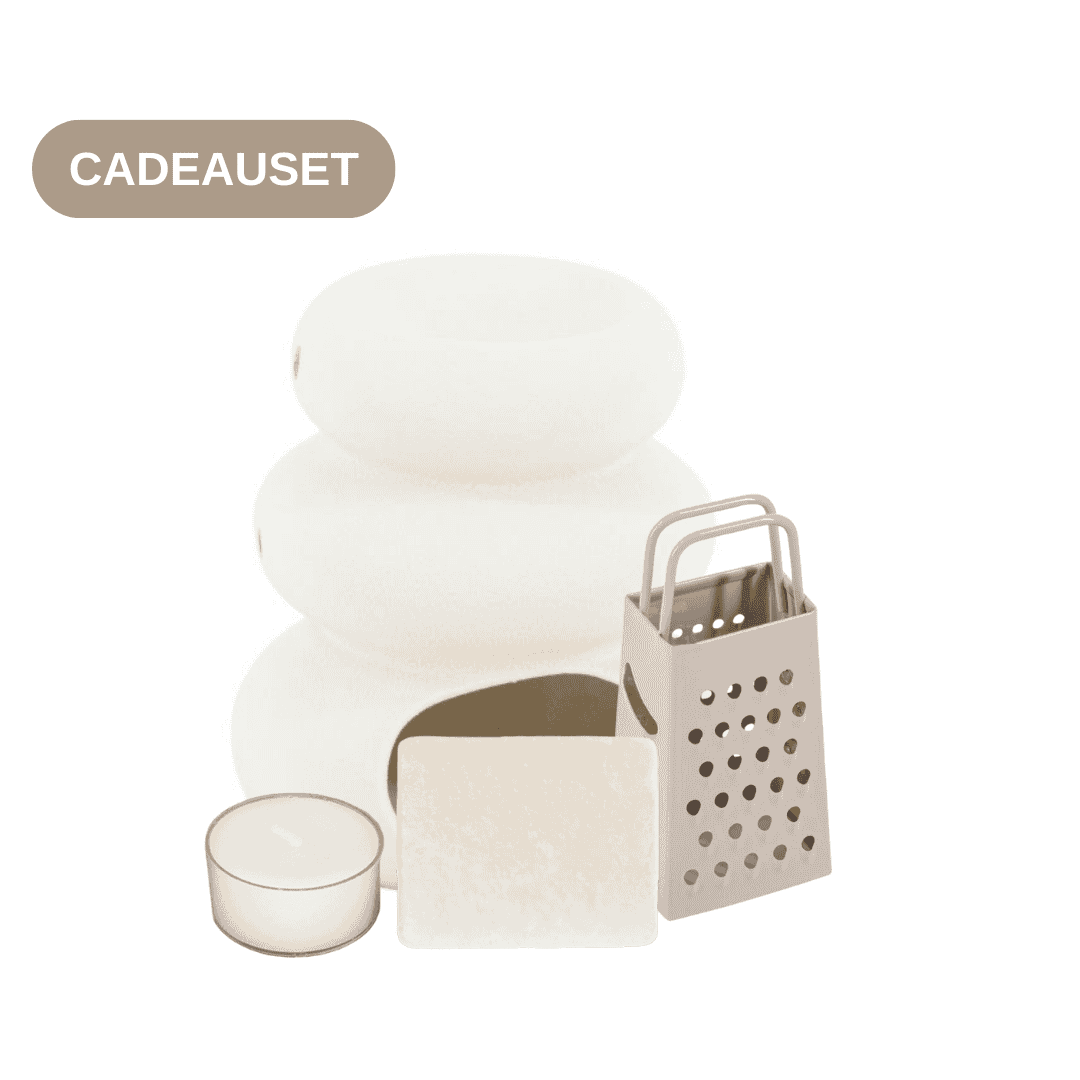 cadeauset met geurbrander en amberblokje white musk en beige rasp en waxinelichtje